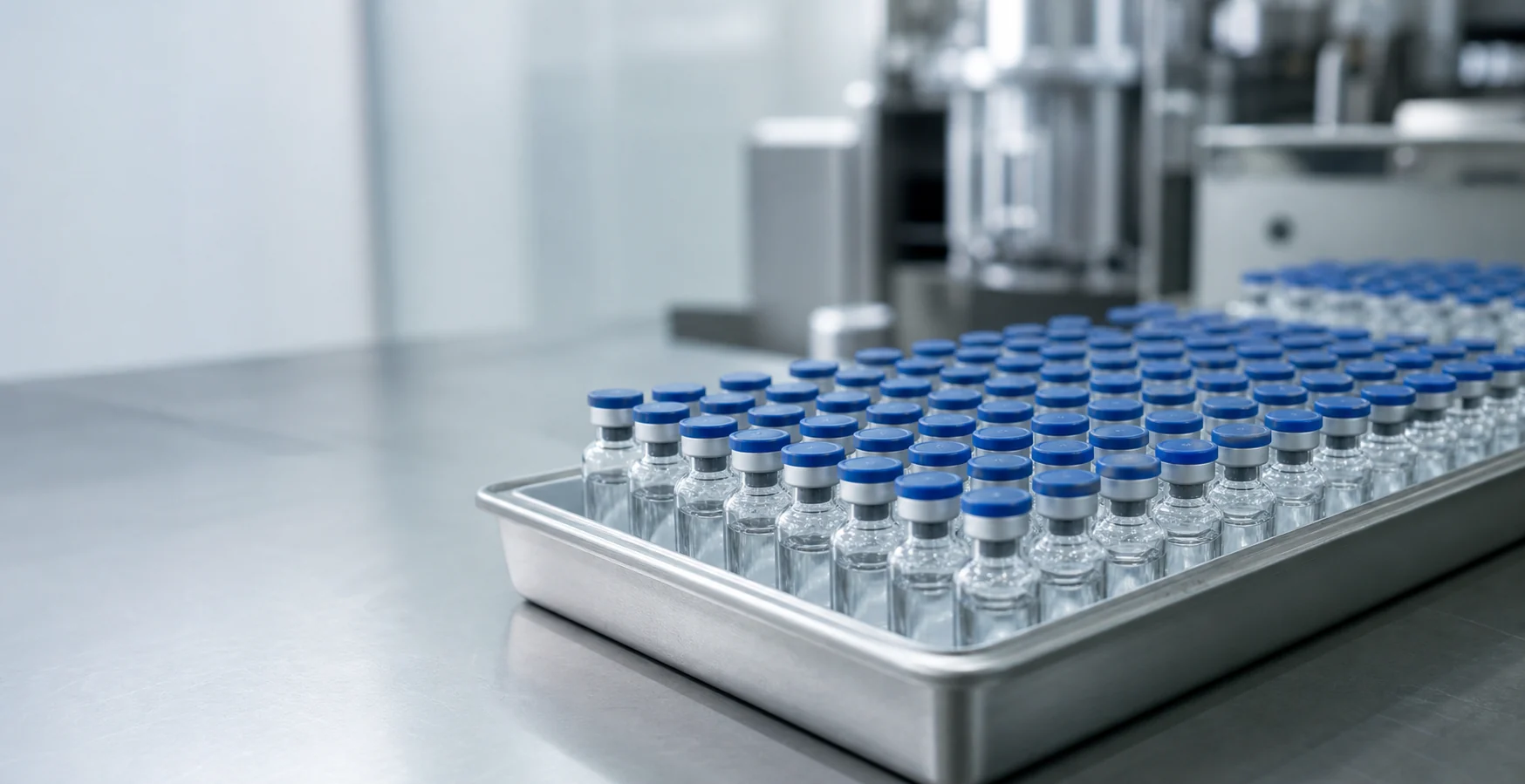 Small pharmaceutical vials with blue flip-off caps for lyophilization